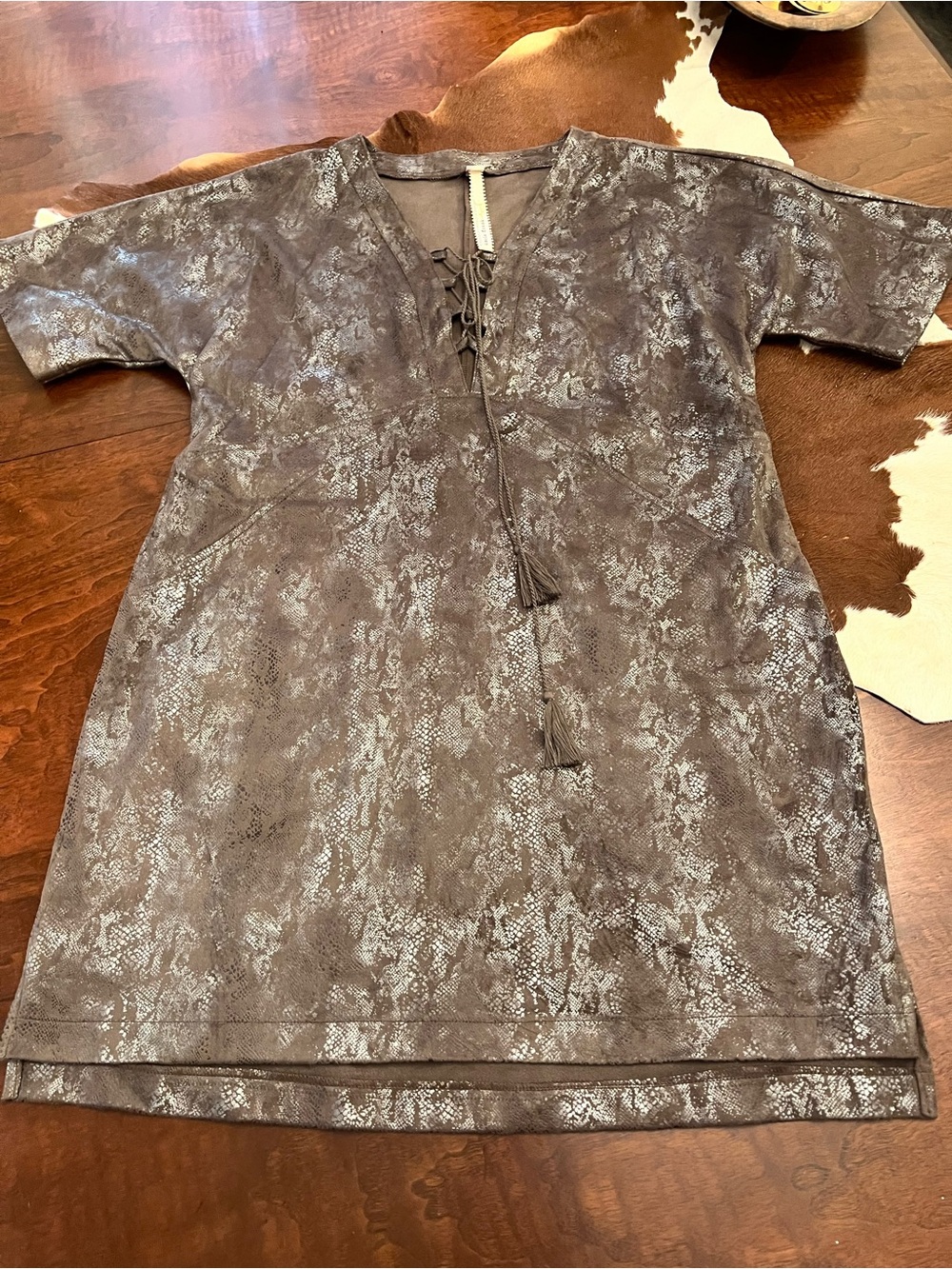 Uncle Frank Gray Metallic Snake-Print Mini Dress with Tassel Tie